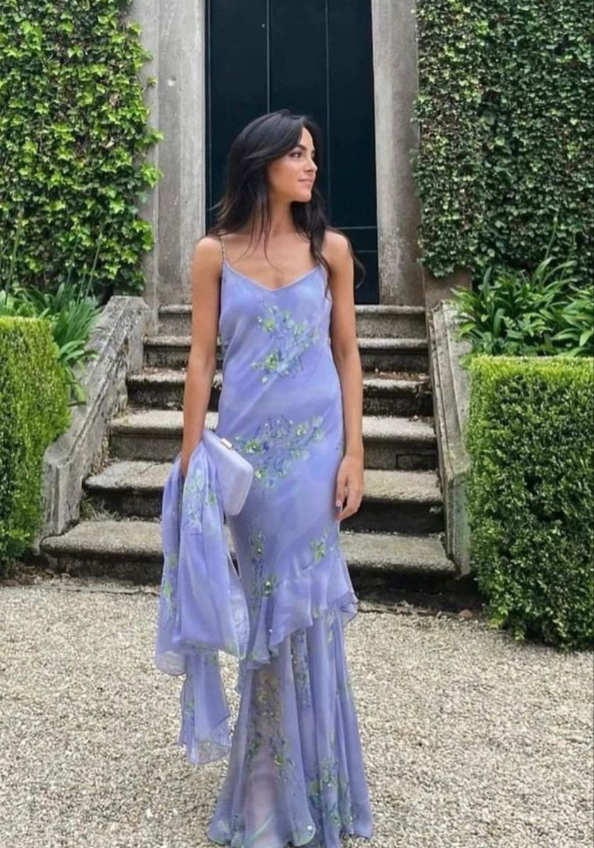 Pretty Spaghetti Straps Chiffon Beaded Lavender Mermaid Evening Dress Long Prom Dress With Ribbon SP836