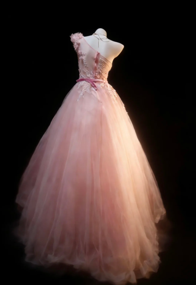 Glamorous Pink One Shoulder tulle Sequin Appliques Long Evening Dress Birthday Dress SP1845