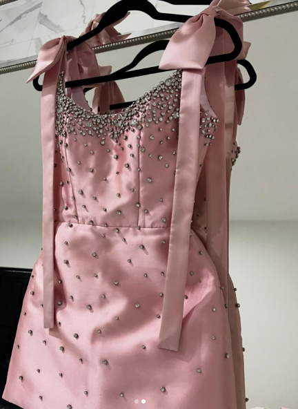 Elegant Pink Satin Beaded Short Birthday Outfits Spaghetti Straps Bow Homecoming Dress Y8939