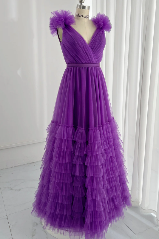 Sexy Purple Tulle Layered Ruffles Prom Dress,A Line Long Evening Dress Y8225
