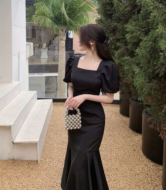 Puff-Sleeve Square-Neck Mermaid Dress,Vintage Black Mermaid Prom Dress Simplepromdress Puff-Sleeve Square-Neck Mermaid Dress,Vintage Black Mermaid Prom Dress Simplepromdress