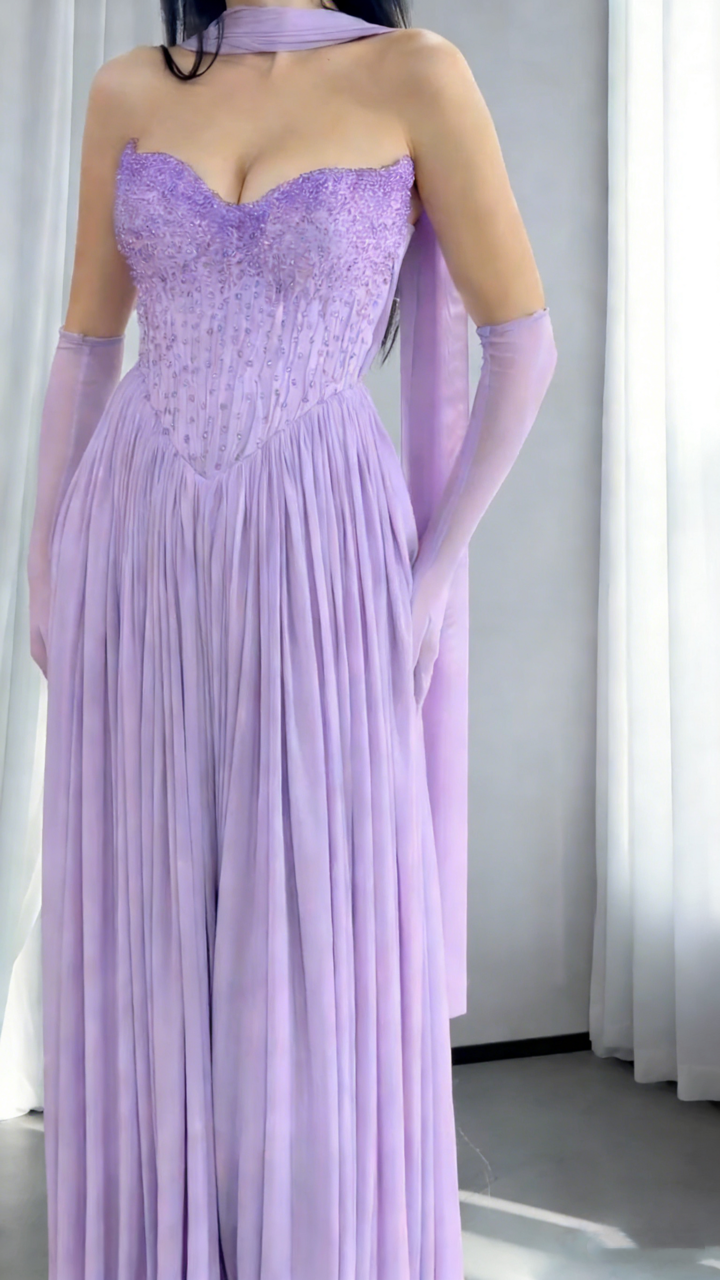 Charming Purple Beaded Chiffon Pleated Long Evening Dress Formal Wedding Guest Dress SP1736