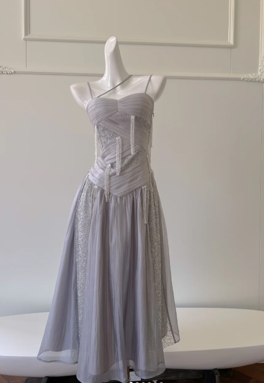 Classy Purple Sequins Tulle Beaded Tassel Prom Dress A Line Evening Dress Y8586