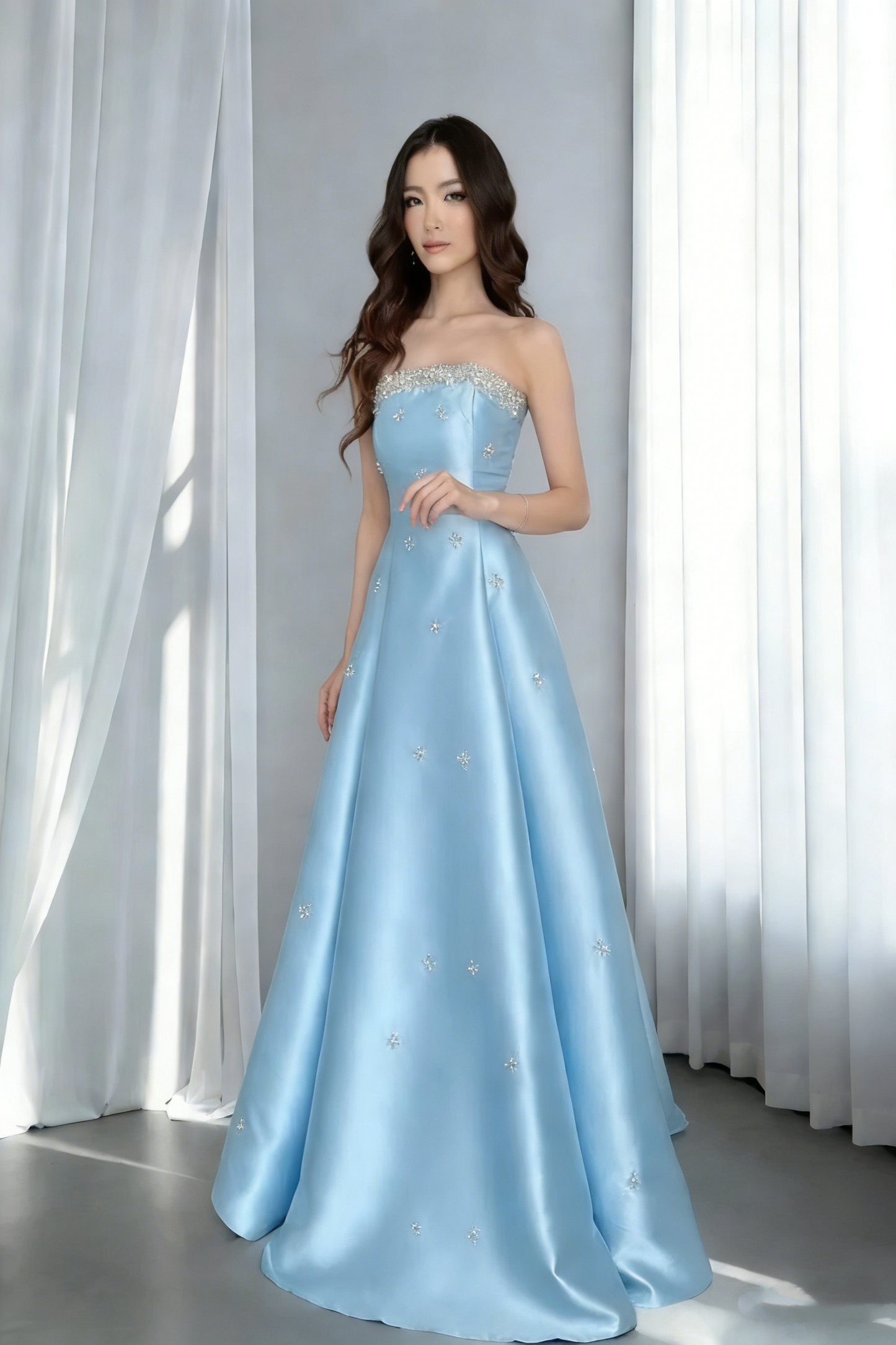 Gorgeous Golden Satin Beaded Strapless Evening Dress Long Party Dress SP1726