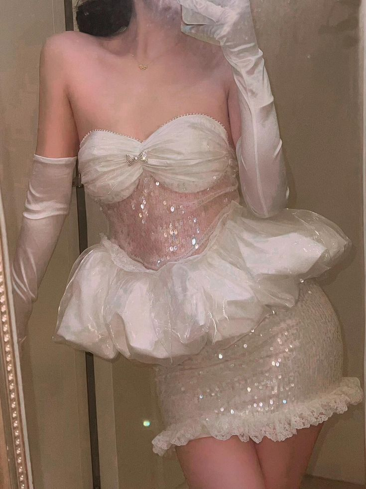 Sexy Strapless Tulle Sequin Sheath White Short Homecoming Dress Birthday Outfits SP173