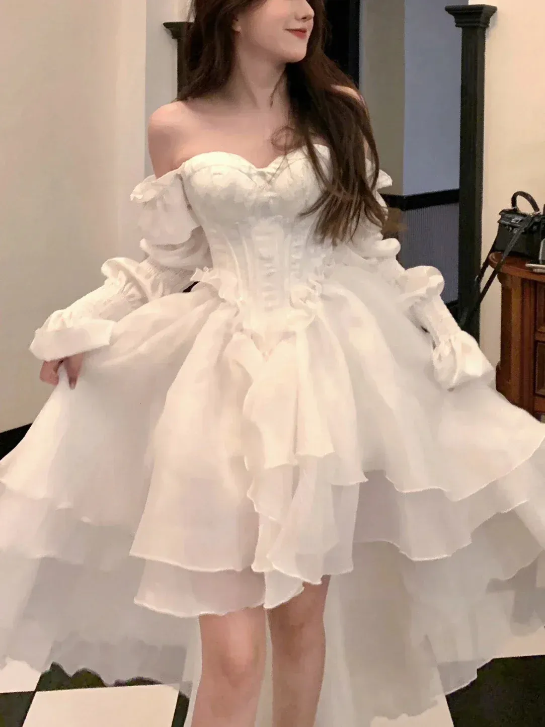 White Tea Break Dress, Romantic Prom Dress,Ruffle Corset Top, Graduation Dress, Flowy Princess Dress Y5384