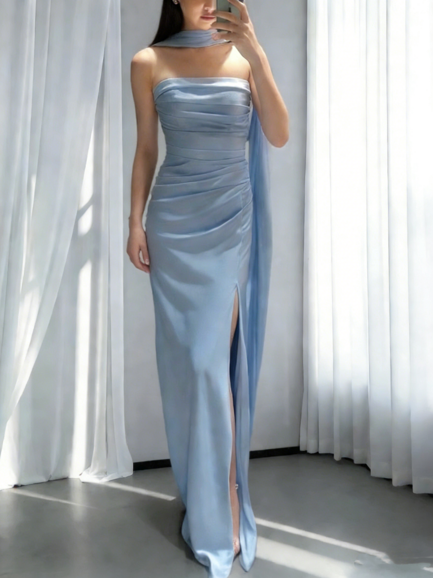 Classy Strapless Blue Satin Pleated Sheath Slit Evening Dress Long Birthday Outfits SP1742