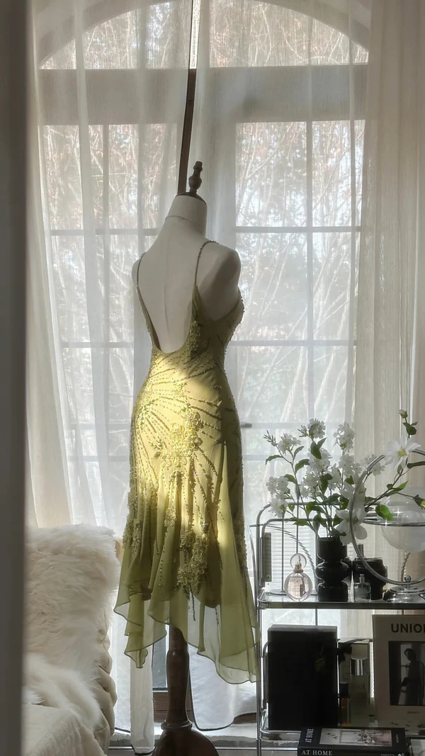 Classy Spaghetti Straps Green Chiffon Beaded Mermaid Cocktail Dress Homecoming Dress Y8854