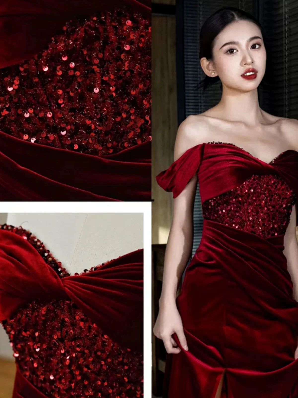 Charming Burgundy Velvet Mermaid Prom Dress Y6602