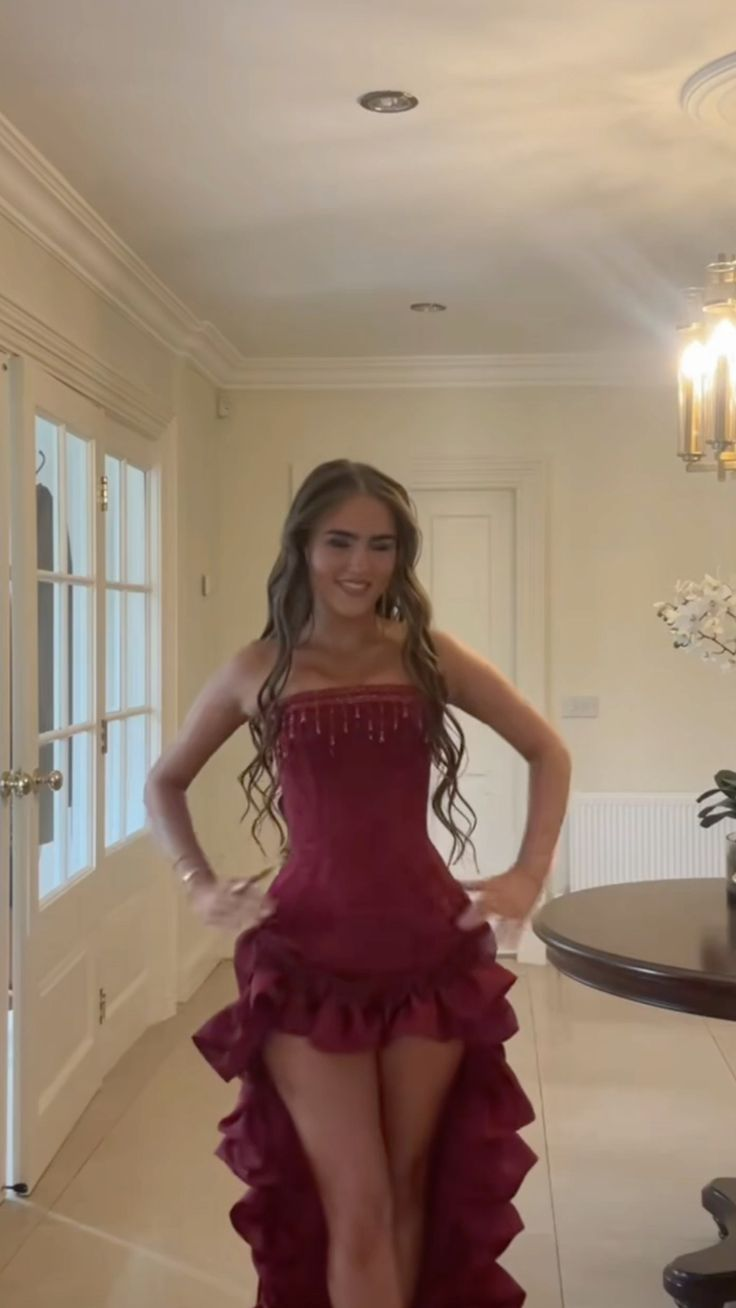 Unique Burgundy Strapless Satin Beaded Ruffles Long Prom Dress Evening Gown SP520