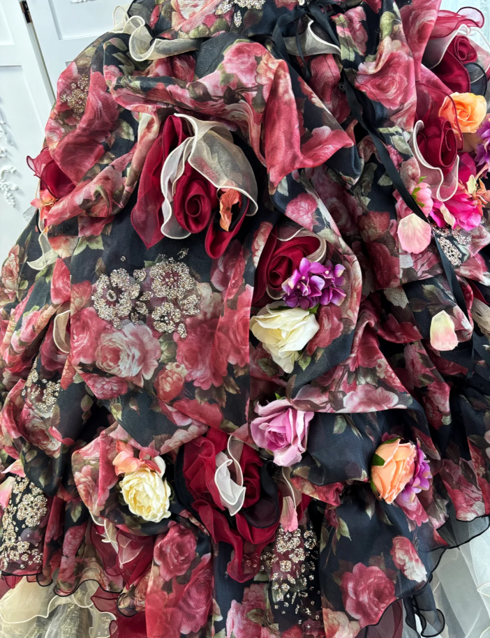 Vintage Strapless Ball Gown Chiffon Rose Floral Ruffle Princess Quinceanera Dress SP1771