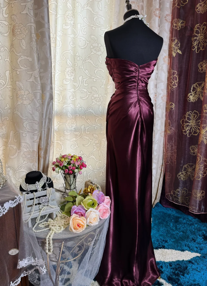 Elegant Burgundy Strapless Satin Pleated Mermaid Long Evening Dress Prom Dresses SP1621