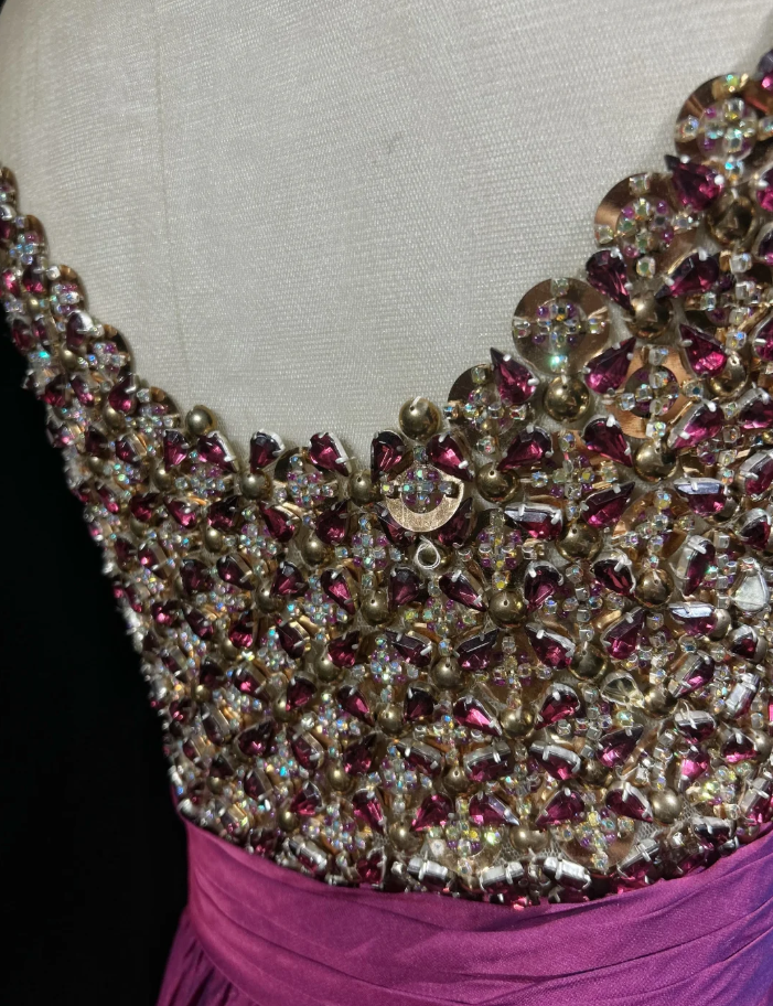 Luxurious Sleeveless Fuchsia Satin Beaded Long Party Dress Formal Evening Dress SP1861