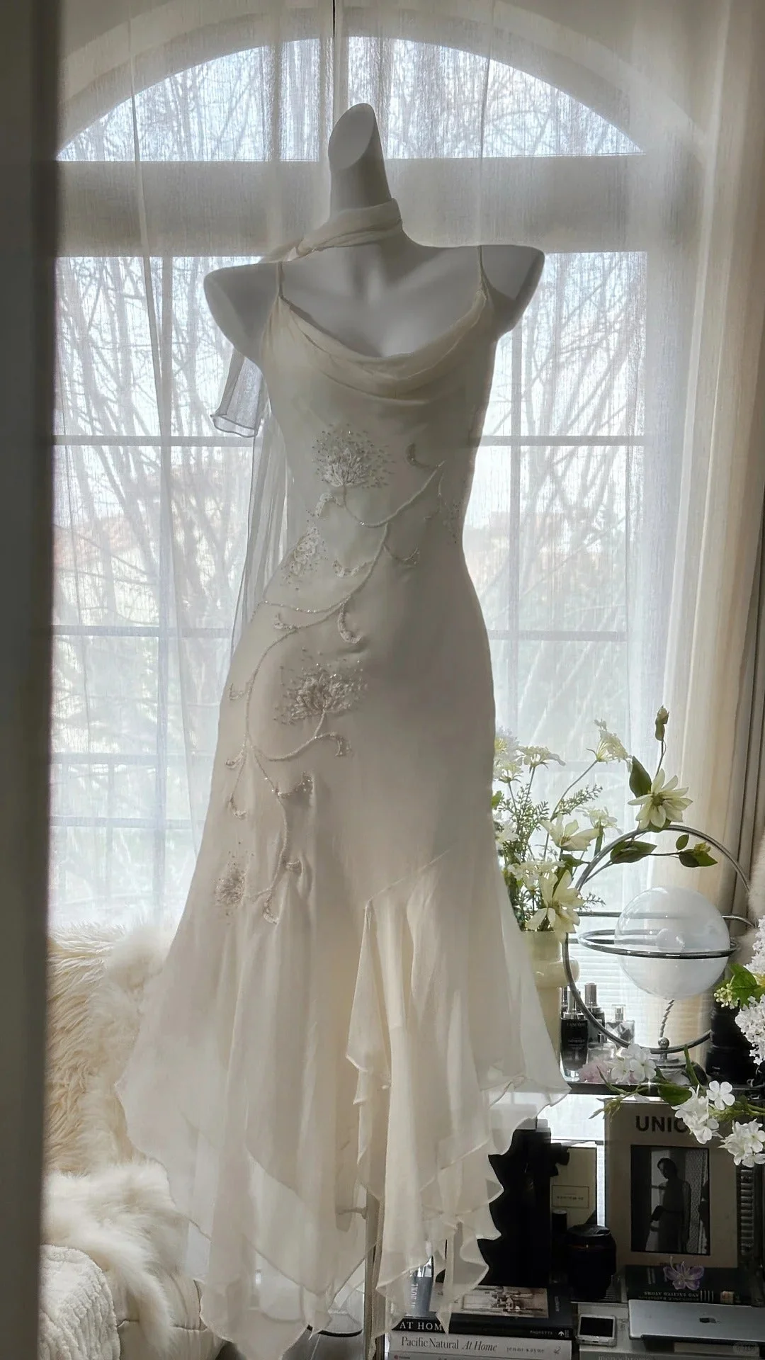 Vintage Ivory Chiffon Beaded Evening Dresses, Elegant Mermaid Party Gowns Y8698