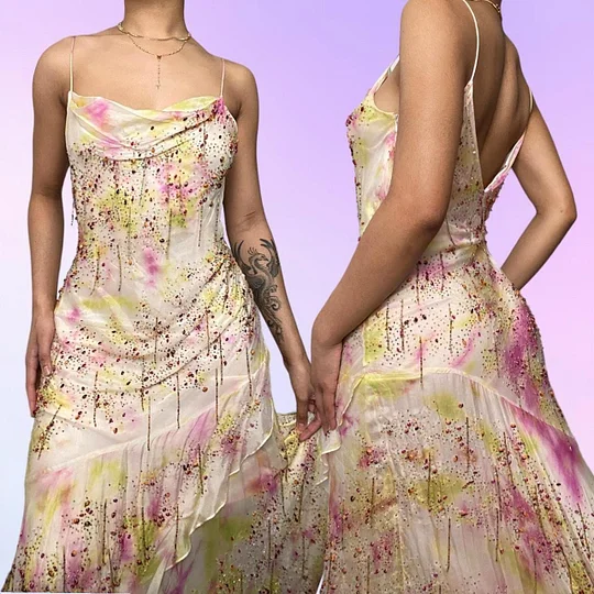 Vintage Spaghetti Straps Chiffon Beaded Long Prom Dress Evening Dress Y9767