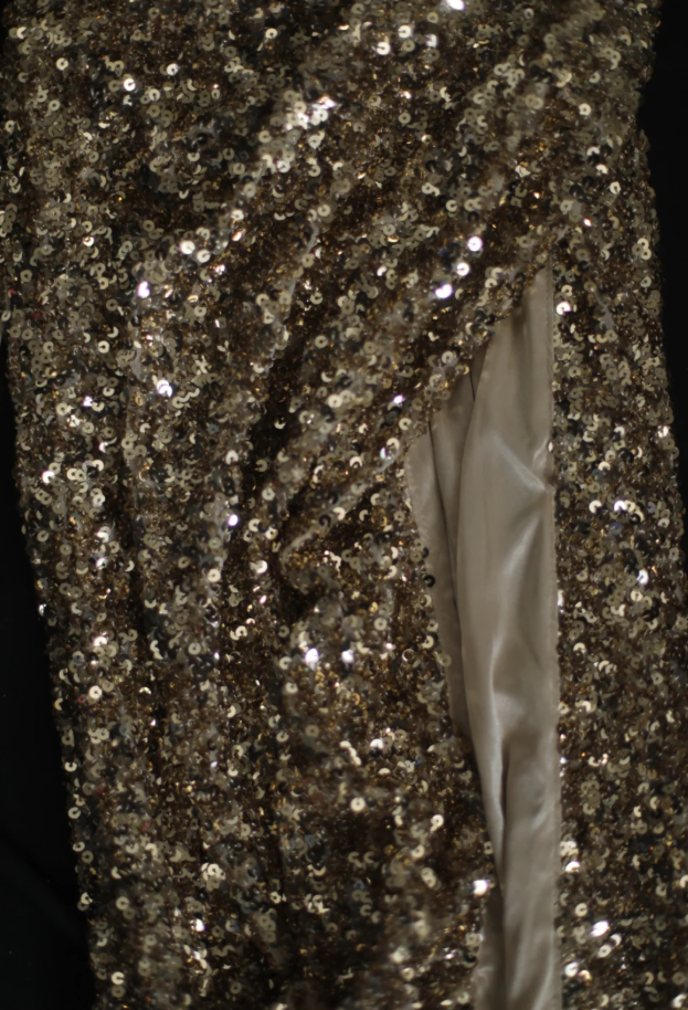 Pretty Spaghetti Straps Gold Sequin Slit Mermaid Long Wedding Guest Dress Birthday Party Gown SP1260