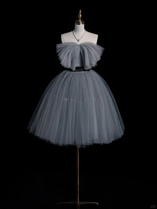 Cute Gray Blue Strapless Tulle A Line Formal Graduation Homecoming Dress Birthday Outfits Y9689