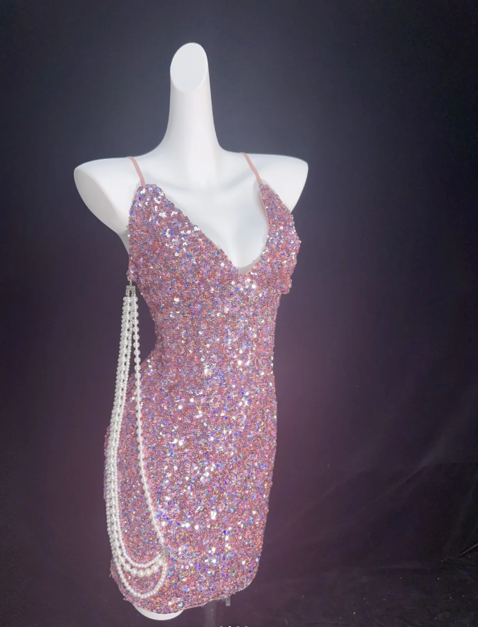 Glitter Pink Spaghetti Straps Sequin Sheath Homecoming Dress Short Birthday Outfits SP348