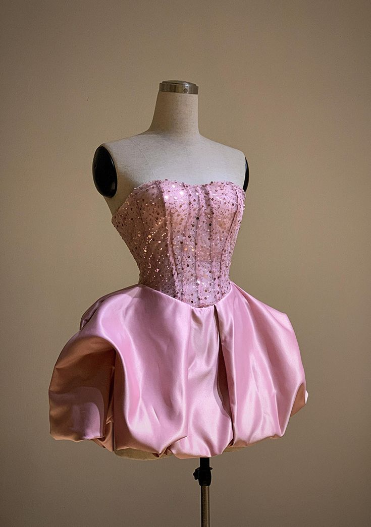Pretty Strapless Hot Pink Satin Sequin A Line Short 20th Birthday Outfits Homecoming Dress SP180