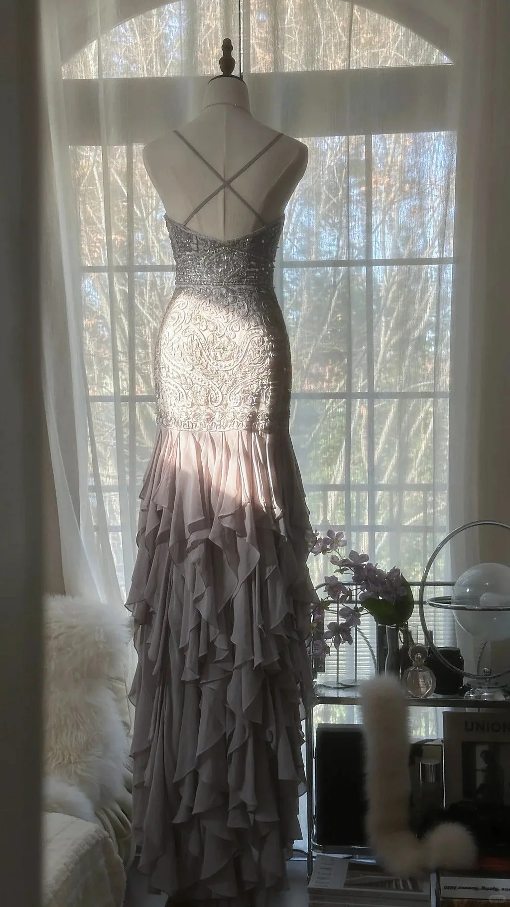 Purple Romantic Beaded Lace Long Chiffon Ruffles Evening Gown Formal Prom Dress Birthday Party Dress Y9791