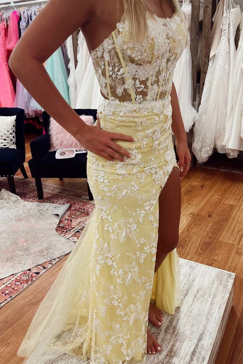 Yellow Floral Lace Backless Mermaid Long Prom Dress with Slit Y2394 Simplepromdress Yellow Floral Lace Backless Mermaid Long Prom Dress with Slit Y2394 Simplepromdress