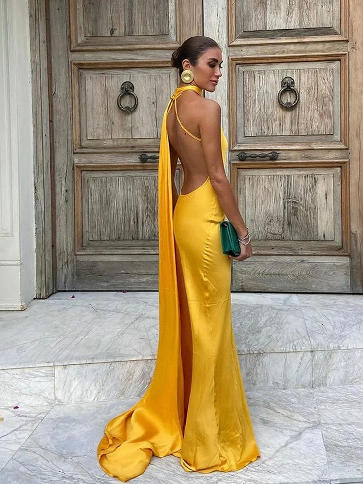 Yellow Satin Backless Off-Shoulder Long Prom Dress Evening Dress Y8466