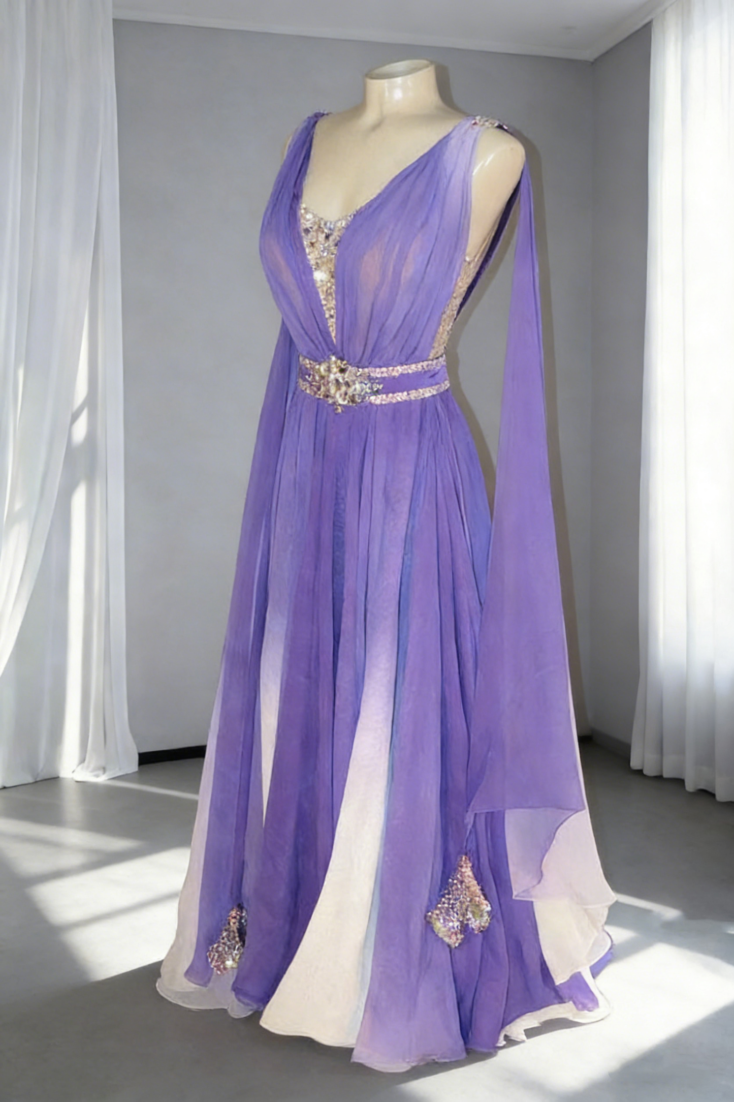 Glamorous V Neck Purple Chiffon Beaded Long Birthday Evening Dress Prom Gown SP1744