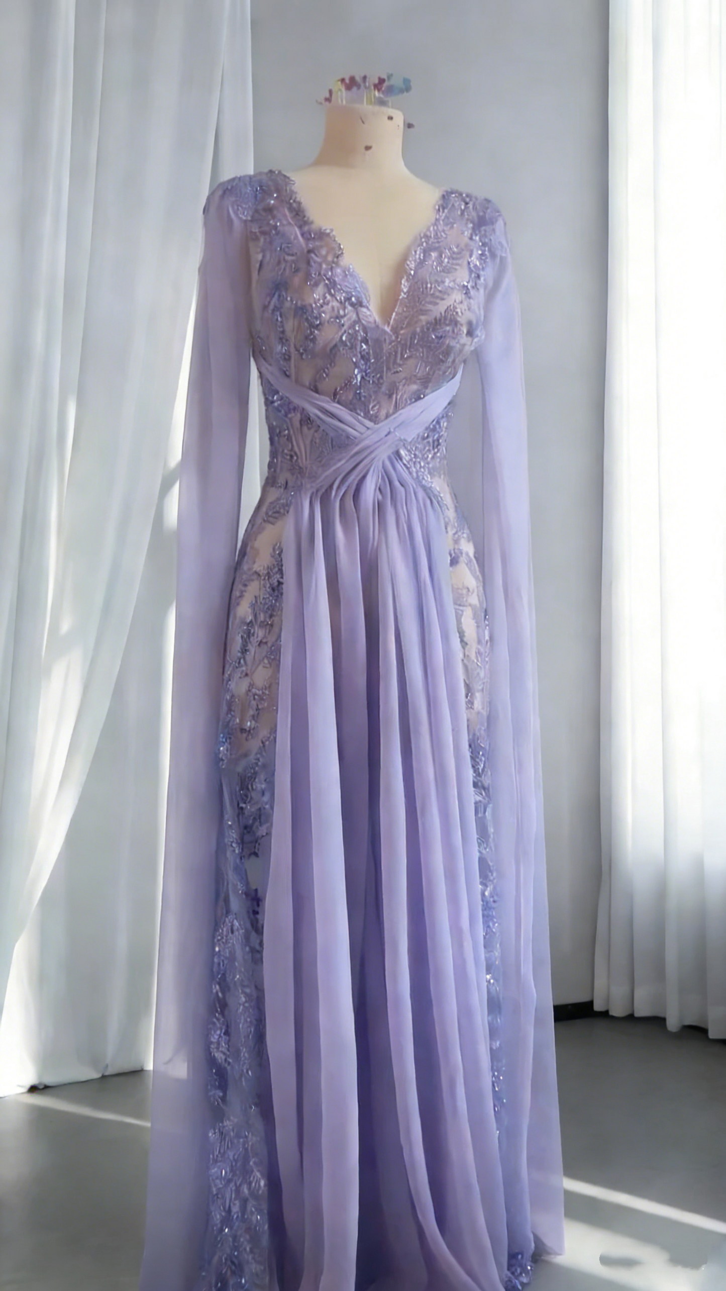 Gorgeous Lavender V Neck Sequin Beaded Chiffon Long Evening Dress Party Gown SP1745
