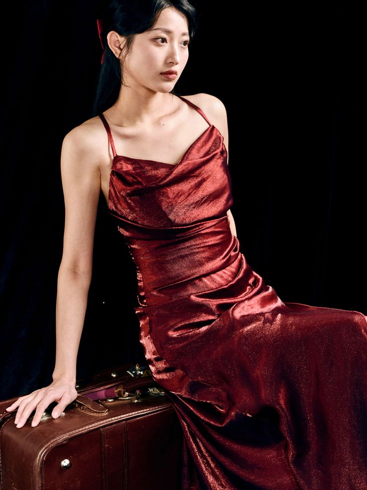 Simple Red Satin Asymmetrical Flounce Hem Party Dress Evening Dress Y8784