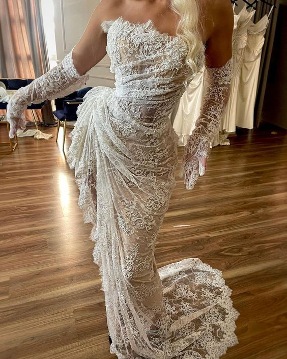 Sheath Strapless Bridal Gown Lace Mermaid Ruched Lace High Low Thigh S Simplepromdress Sheath Strapless Bridal Gown Lace Mermaid Ruched Lace High Low Thigh S Simplepromdress