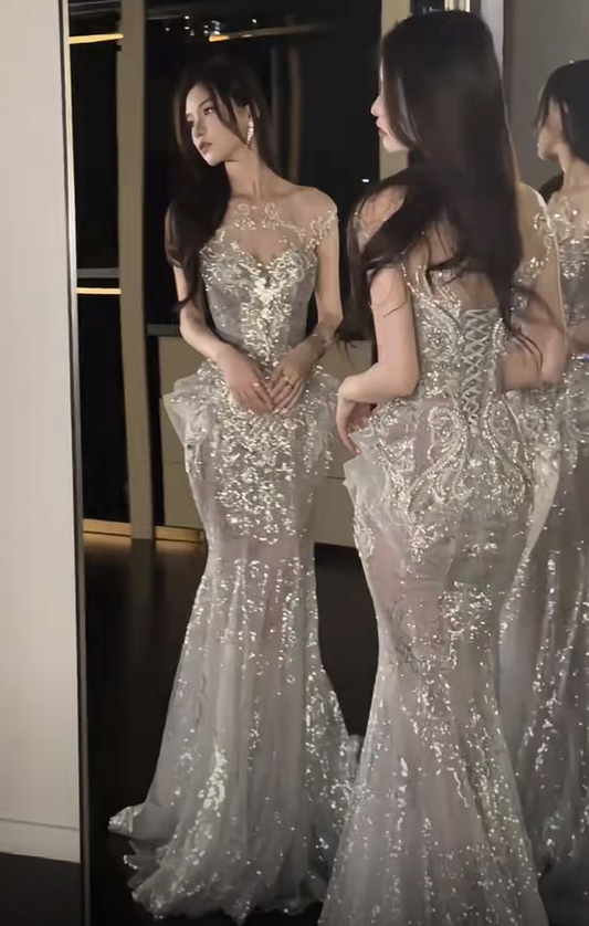 Elegant Mermaid Scoop Tulle Sequin Long Prom Dress,Charming Evening Dress Y8705