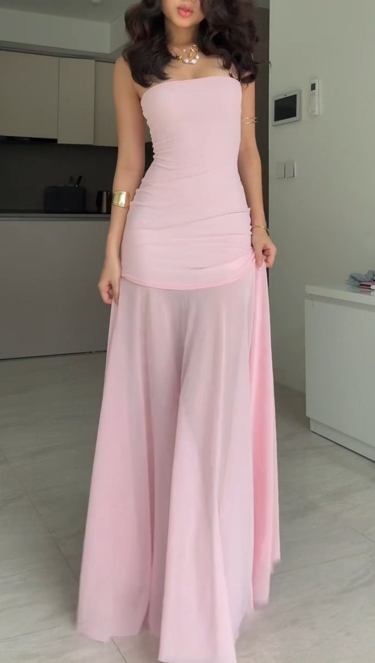 Trendy Pink Strapless Chiffon Party Dress,Bridesmaid Dress Evening Gown Y8728