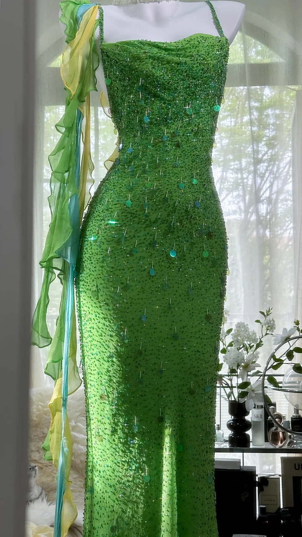 Gorgeous Spaghetti Straps Green Chiffon Sequins Evening Dress Backless Beaded Party Dress Y8708
