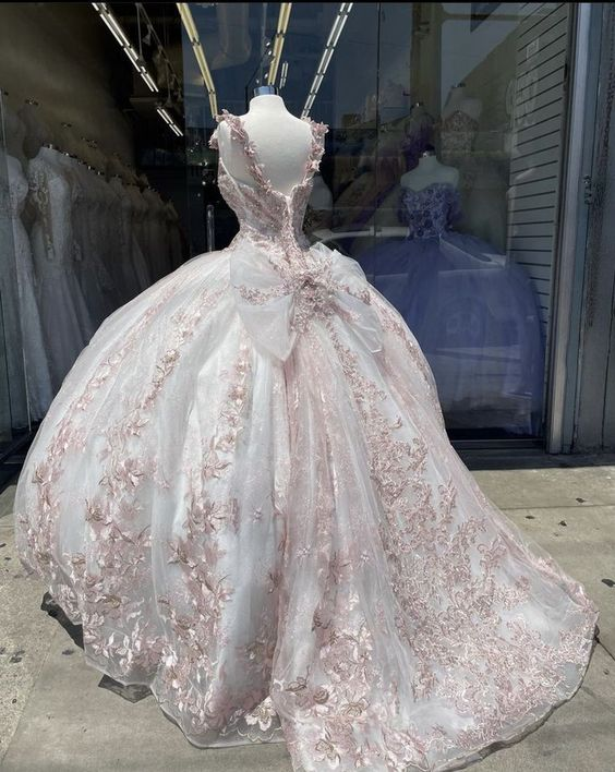Princess Quinceanera Dress Ball Gown Flowers Appliques Pink White Swee – Simplepromdress Princess Quinceanera Dress Ball Gown Flowers Appliques Pink White Swee – Simplepromdress