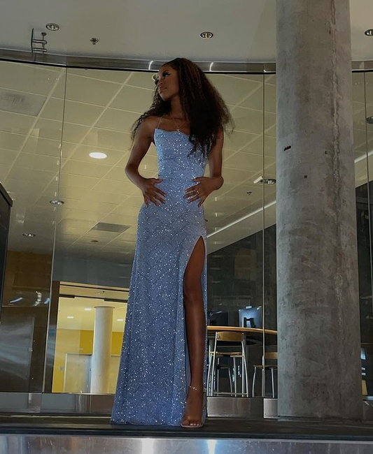 Glitter Strapless Sequins Slit Evening Dress,Blue Prom Party Gown Y8171
