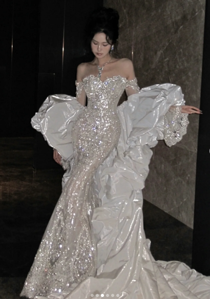 Classy Off The Shoulder Mermaid Evening Dress,White Tulle Sequin Long Party Dress Prom Dress Y8706
