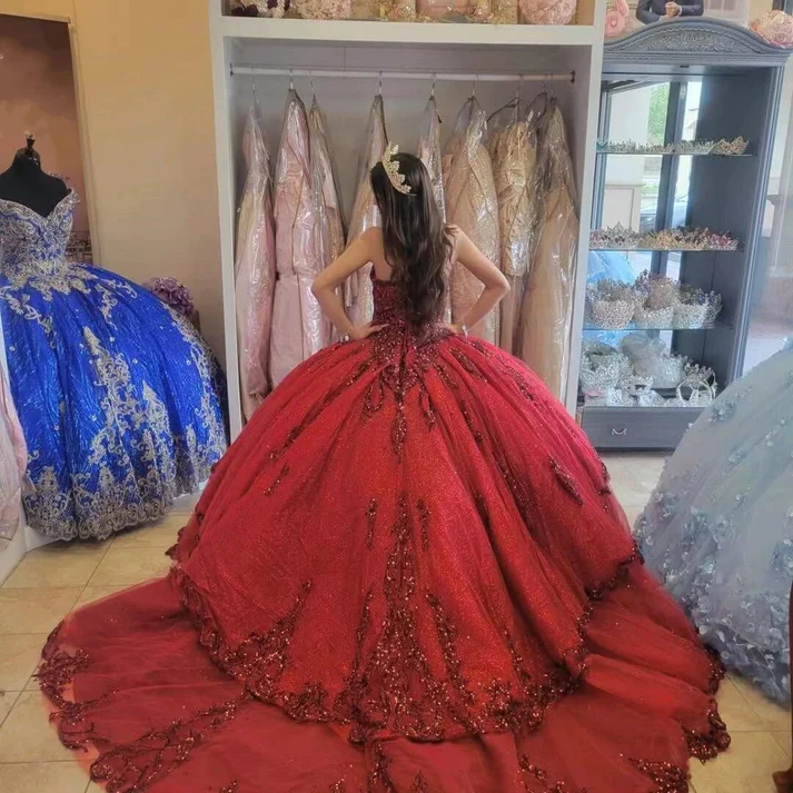 Red New Quinceanera Dresses Sequin Beading Appliques Sweetheart Formal Party Princess Ball Gowns Vestidos Y4257