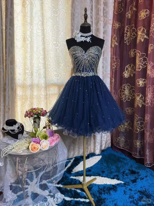 Vintage Navy Blue Tulle Beaded A Line Short Homecoming Dress Sexy Cocktail Dress Y9494