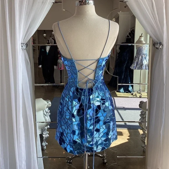 Luxurious Blue Spaghetti Strap Sequin Sheath Short Graduation Homecoming Dress Cocktail Dress Y9132
