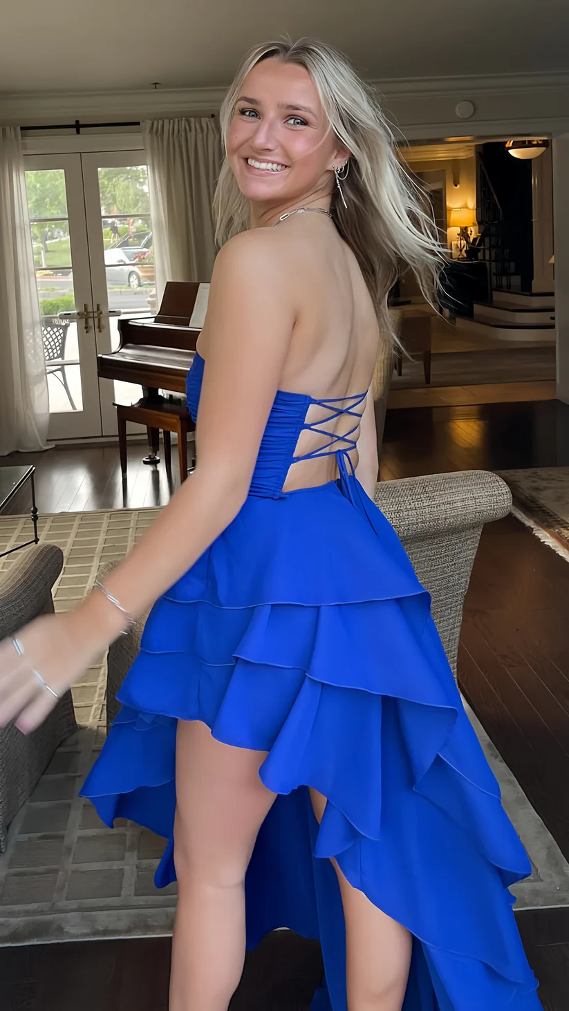 Sexy Royal Blue Long Prom Dress, Strapless Ruffle Layered Party Evening Gown Y8026