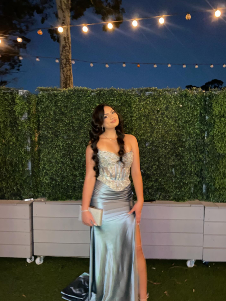 Classy Blue Strapless Satin Beaded Side Slit Long Wedding Guest Dress Formal Party Dress Prom Gown SP1355