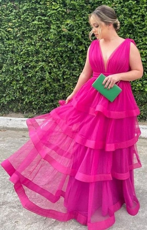 A-line V Neck Tulle Layered Prom Dress Y4053