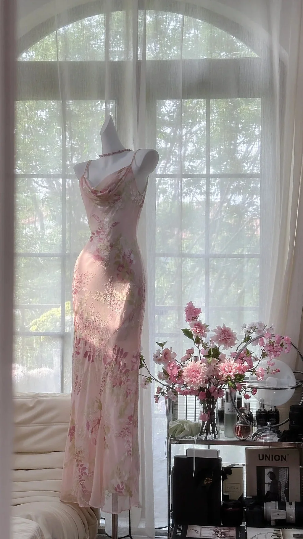 Sweet Pink Delicate Floral Long Chiffon Evening Dress Birthday Party Dress Y9795