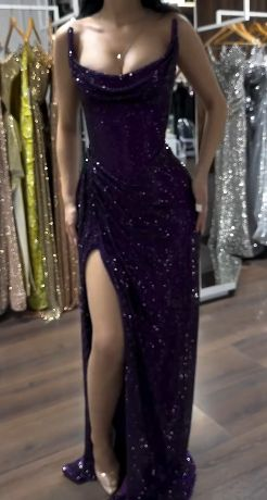 Sparkly Strapless Purple Sequin Mermaid Long Slit Party Dress Evening Dress Formal Prom Dress Y9500