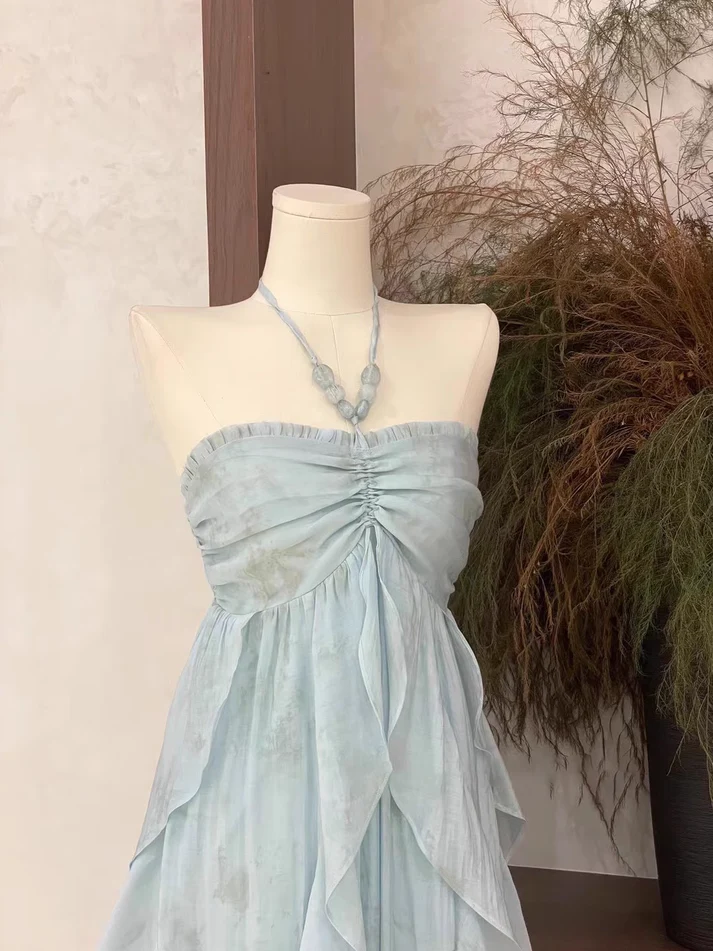 Classy Blue Halter A Line Ruffled Floral Long Party Dress Women's Vacation Dress Y9320