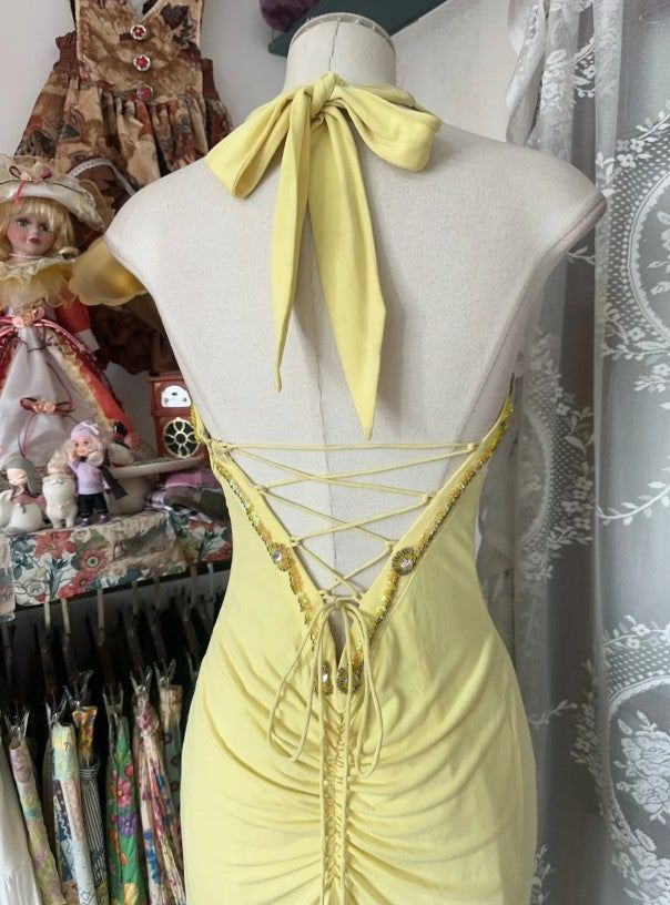 Elegant Yellow Mermaid Halter Neck Sequin Diamond Long Prom Dress,Backless Slit Evening Dress Y8554