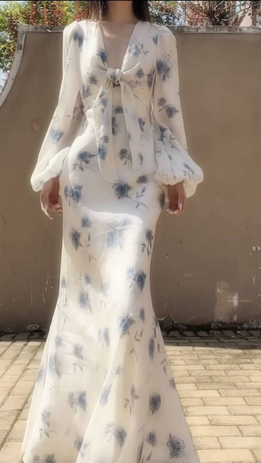 Elegant Ice Blue Rose Chiffon Print Floral Prom Dress,Long Mermaid Evening Dress Y8407