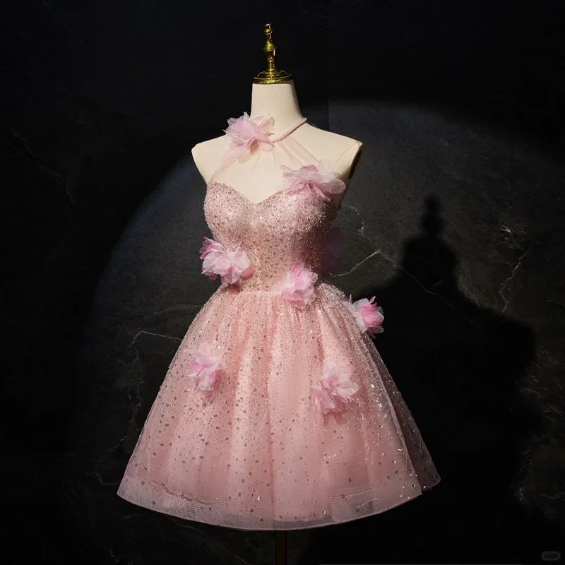 Sparkly A Line Halter Tulle Sequin Pink Short Homecoming Dress 16th Birthday Outfits Y9531