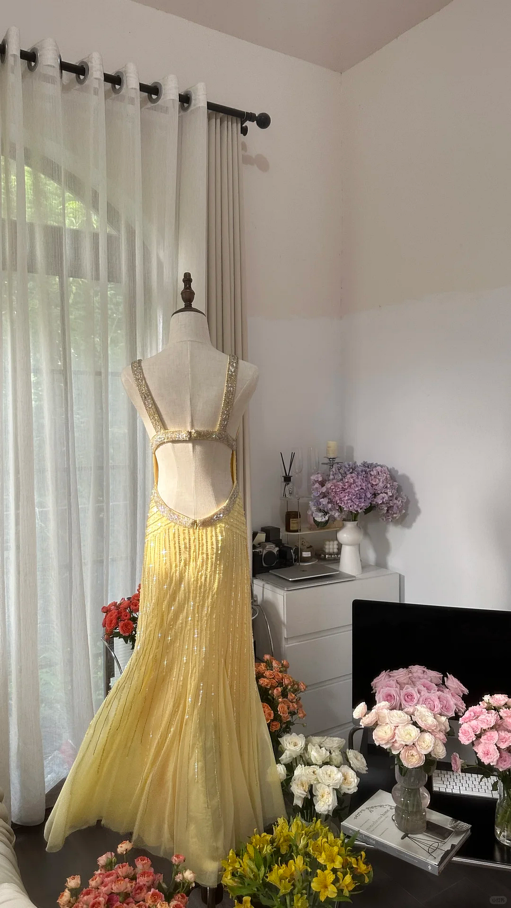 Shiny Yellow Chiffon Sequin Mermaid Long Backless Evening Dress Party Dress Wedding Guest Y9792