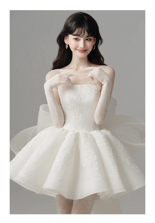 Classy Strapless Organza Appliques White A Line Short Homecoming Dress Formal Birthday Outfits With Bow Y9563